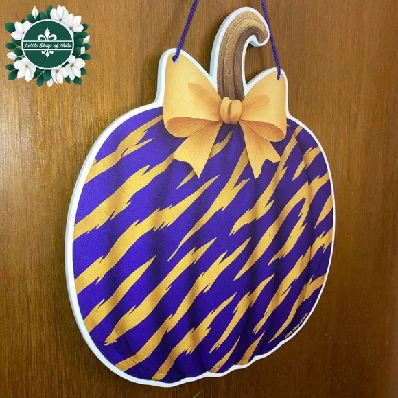 Purple Gold Tiger Stripes Pumpkin Louisiana Wall Art Decor Fall Door Hanger Sign - Picture 7 of 17